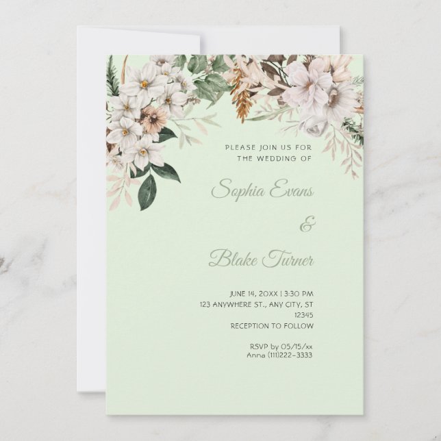 Convite Casamento Floral Branco Boho Inverno Verde Claro (Frente)