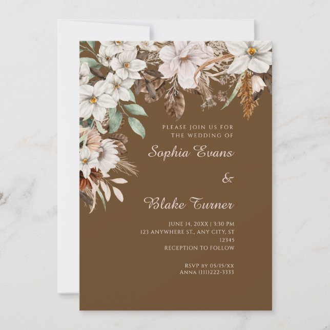 Convite Casamento Floral Branco Boho Outono Marrom Escuro (Frente)