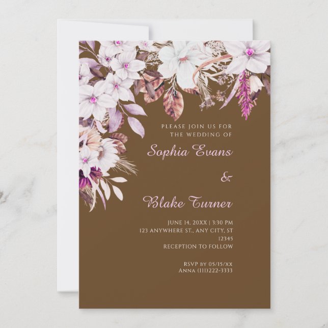 Convite Casamento Floral Branco Boho Outono Marrom Escuro (Frente)