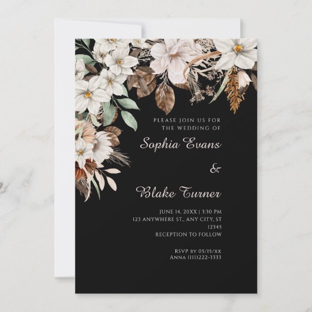 Convite Casamento Floral Branco Boho Outono Preto (Frente)
