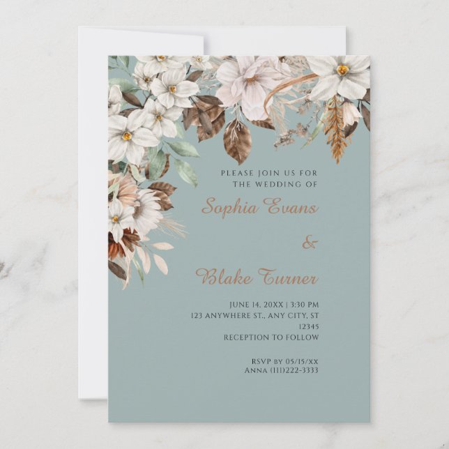 Convite Casamento Floral Branco Boho Outono Verde (Frente)