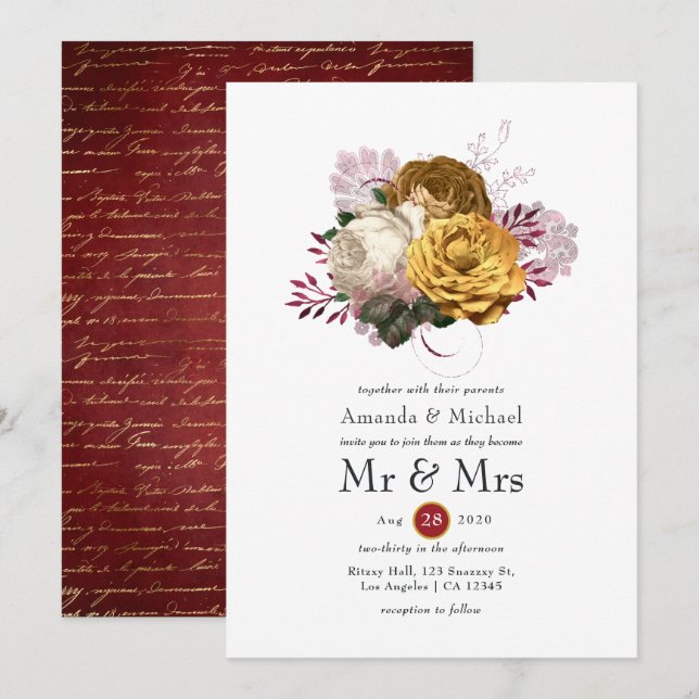 Convite Casamento Floral Branco, Borgonha e Dourado (Frente/Verso)