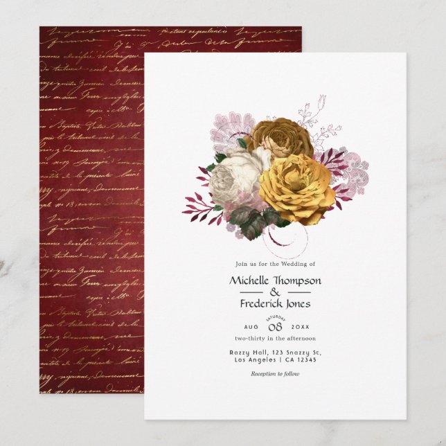 Convite Casamento Floral Branco, Borgonha e Dourado (Frente/Verso)