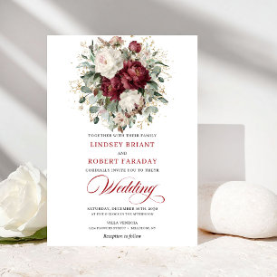Convite Casamento Floral Branco Borgonha Rústico Eucalipto