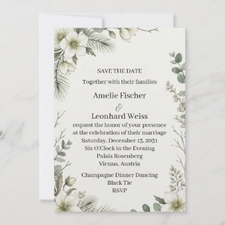 Convite Casamento Floral Branco Botânico de Inverno Salvar