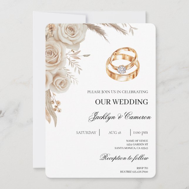 Convite Casamento Floral Branco com aliança (Frente)