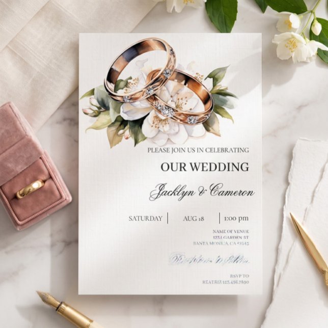 Convite Casamento Floral Branco com aliança (Criador carregado)