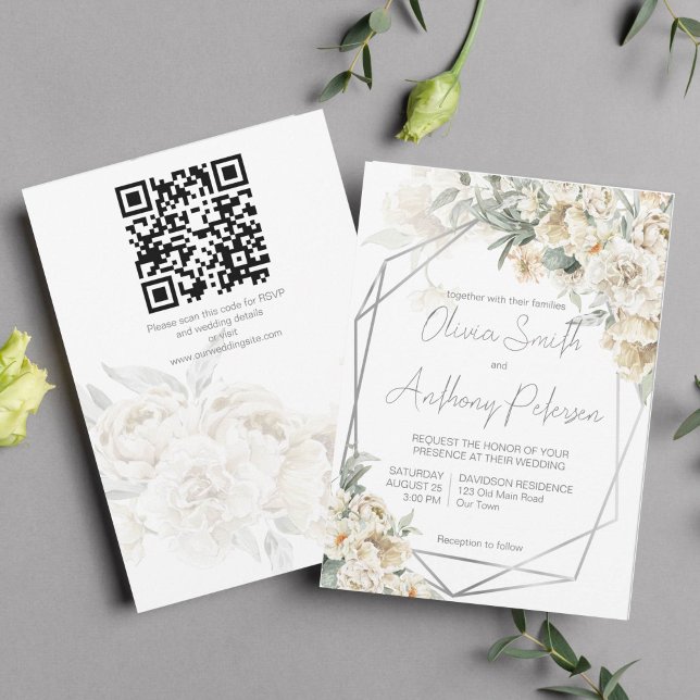 Convite Casamento floral branco com quadro prateado (All white wedding theme white flowers silver sage silver geometrical frame invitation template)