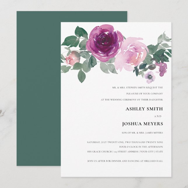 Convite Casamento Floral Branco com Toque de Água Magenta (Frente/Verso)