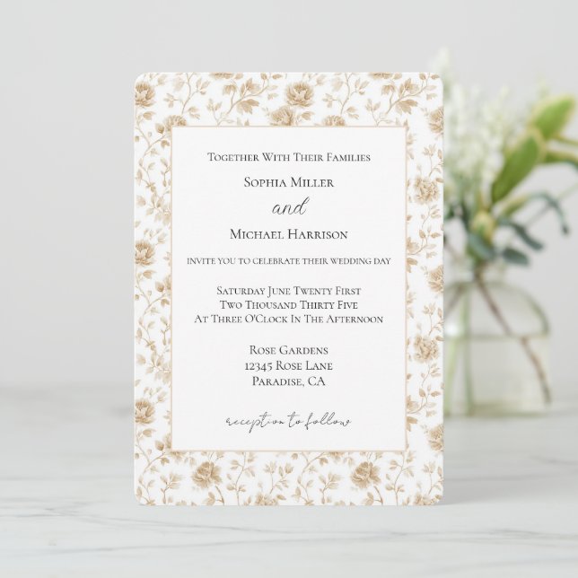 Convite Casamento Floral Branco Creme Bonito (Em pé/Frente)