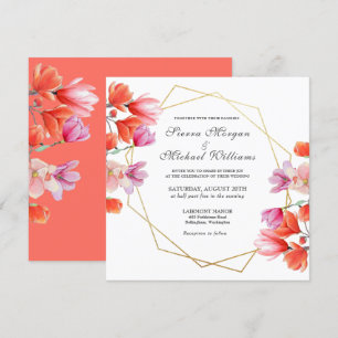 Convite Casamento Floral Branco de Coral Geométrico Doura