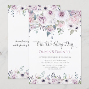 Convite Casamento Floral Branco de Lavanda Púrpura e Suav