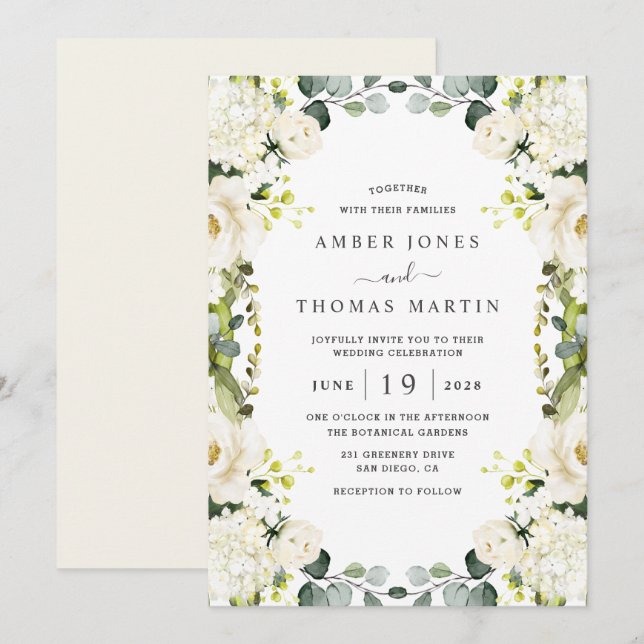 Convite Casamento Floral Branco de Marfim Elegante  (Frente/Verso)