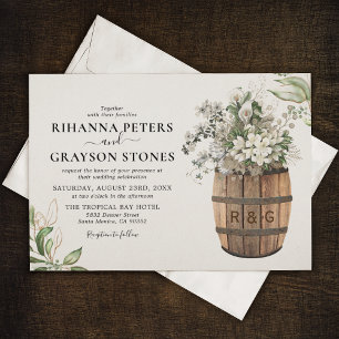 Convite Casamento Floral Branco Dourado Barril Rústico