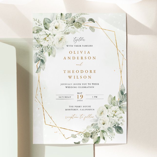 Convite Casamento Floral Branco Dourado Verde Salvia (Sage Green Gold White Floral Wedding Invitation, Eucalyptus Geometric Wedding Stationery)