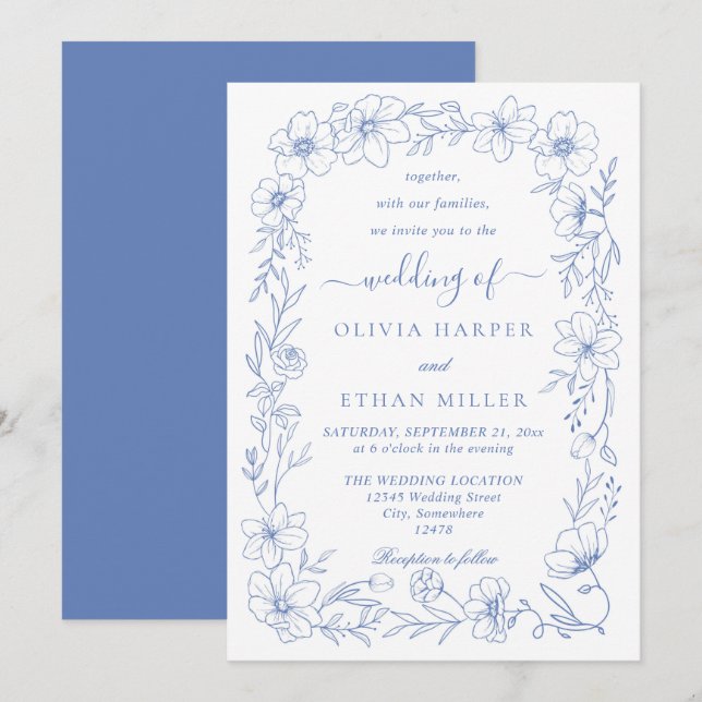 Convite Casamento Floral Branco e Azul Elegante (Frente/Verso)