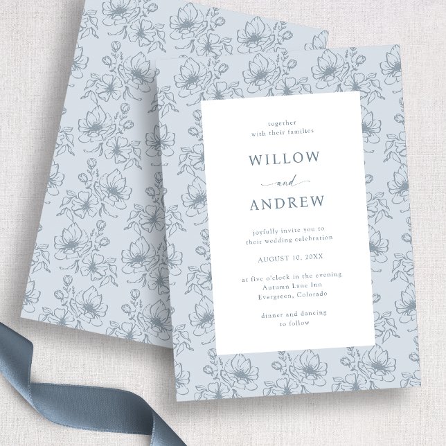 Convite Casamento Floral Branco e Azul Vintage (Vintage Blue and White Floral Wedding Invitation
)