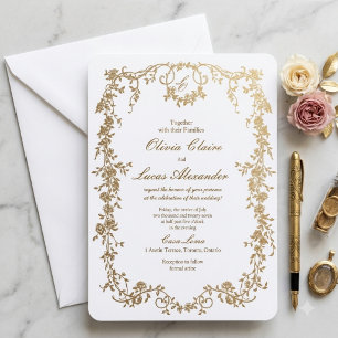 Convite Casamento Floral Branco e Dourado Elegante Real