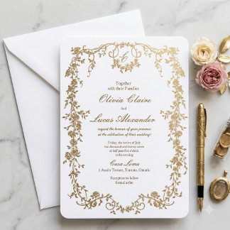 Convite Casamento Floral Branco e Dourado Elegante Real