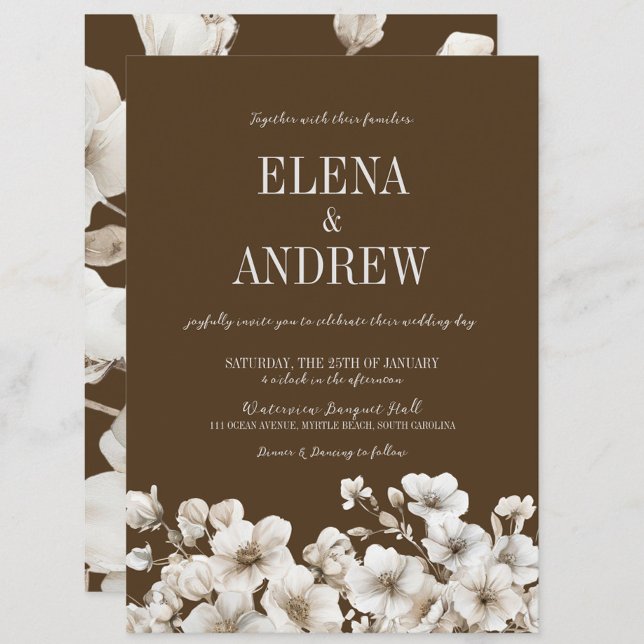 Convite Casamento Floral Branco e Marrom Elegante (Elegant Brown & White Floral Wedding Invitation, Winter Wedding, Fall Autumn, Love in Bloom)