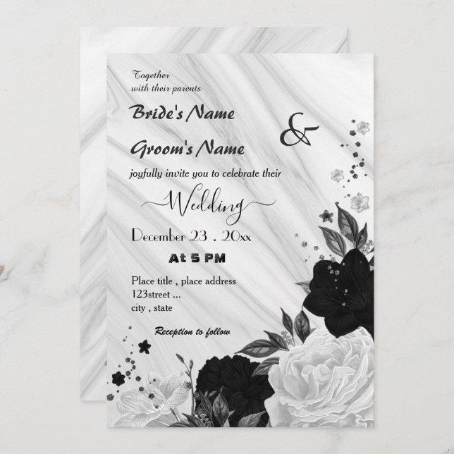 Convite casamento floral branco e negro (Frente/Verso)