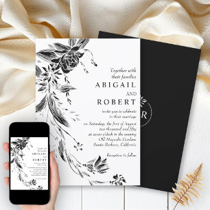 Convite Casamento floral branco e negro elegante