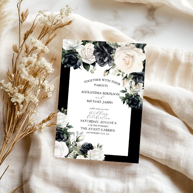 Convite Casamento Floral Branco e Negro Moderno (Criador carregado)