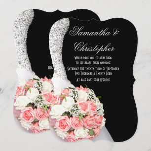 Convite Casamento floral branco e preto-e-rosa
