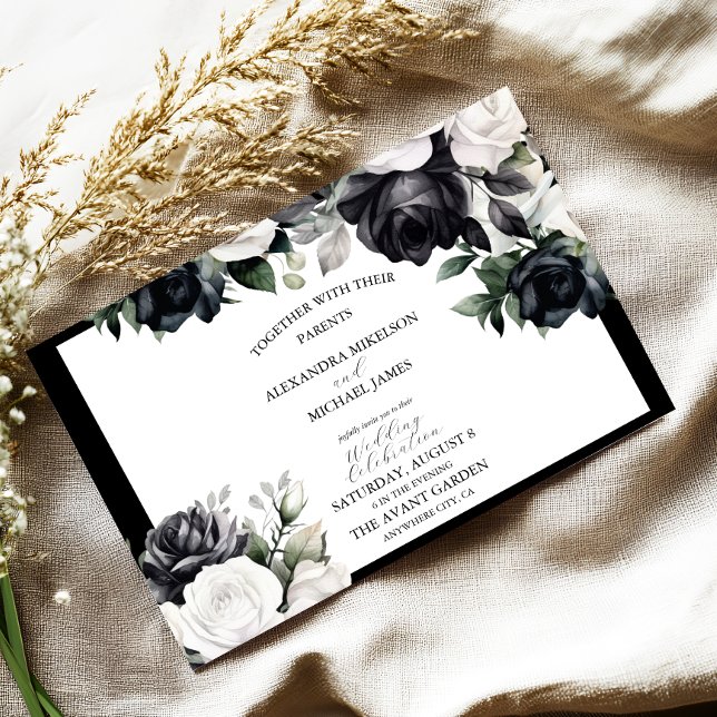 Convite Casamento Floral Branco e Preto Elegante (Criador carregado)