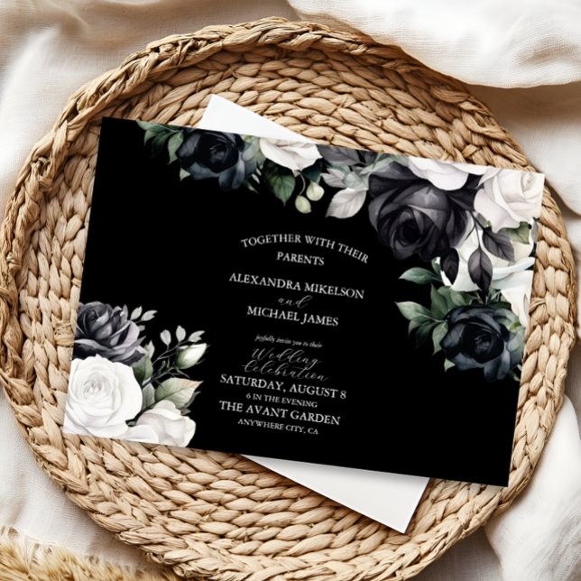 Convite Casamento Floral Branco e Preto Elegante (Criador carregado)
