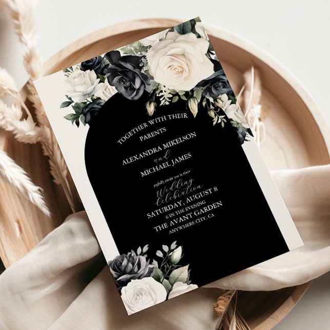 Convite Casamento Floral Branco e Preto Elegante (Criador carregado)