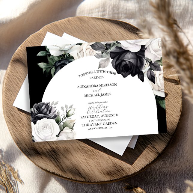 Convite Casamento Floral Branco e Preto Elegante (Criador carregado)