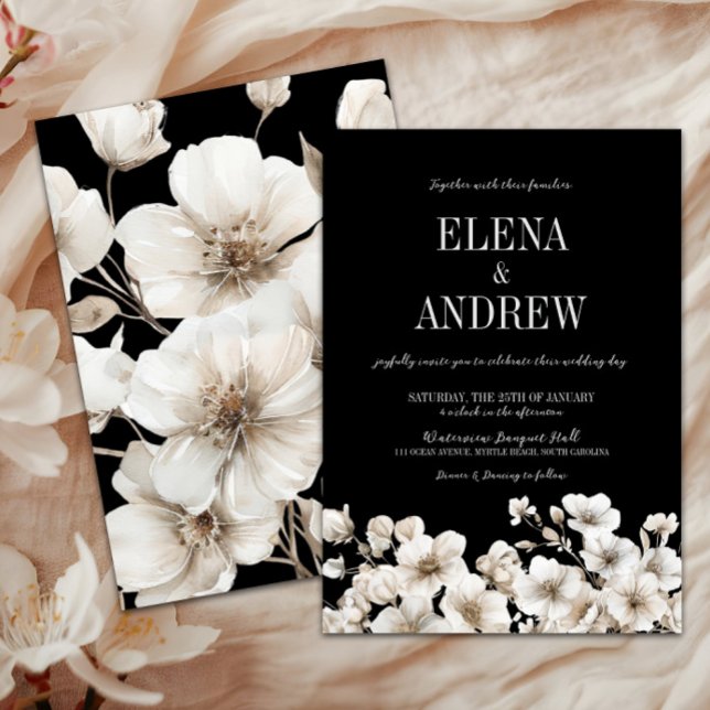 Convite Casamento Floral Branco e Preto Elegante (Elegant Black & White Floral Wedding Invitation, Winter Wedding, Fall Autumn Flowers, Love in Bloom)