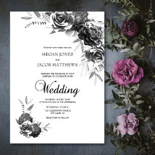 Convite Casamento Floral Branco e Preto Elegante