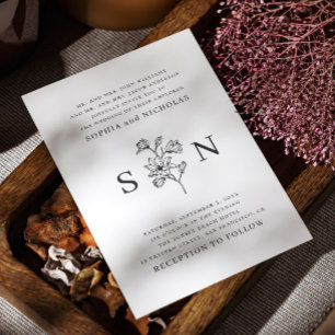 Convite Casamento Floral Branco e Preto Elegante   Minimal