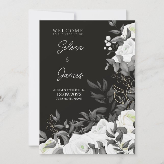 Convite casamento floral branco e preto simples e elegante (Frente)