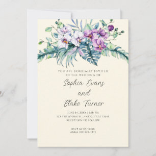 Convite Casamento Floral Branco e Roxo Elegante Amarelo 