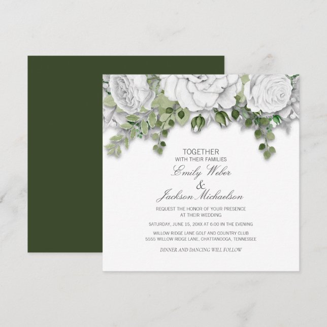 Convite Casamento Floral Branco e Verde Elegante (Frente/Verso)