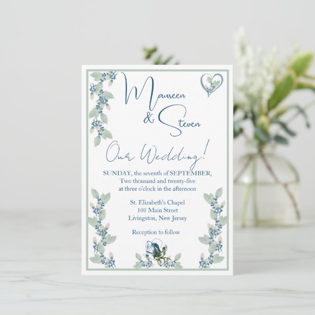 Convite Casamento Floral Branco Elegante, Azul E Verde (Em pé/Frente)