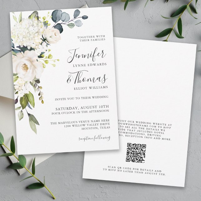 Convite Casamento Floral Branco Elegante com código QR (Criador carregado)