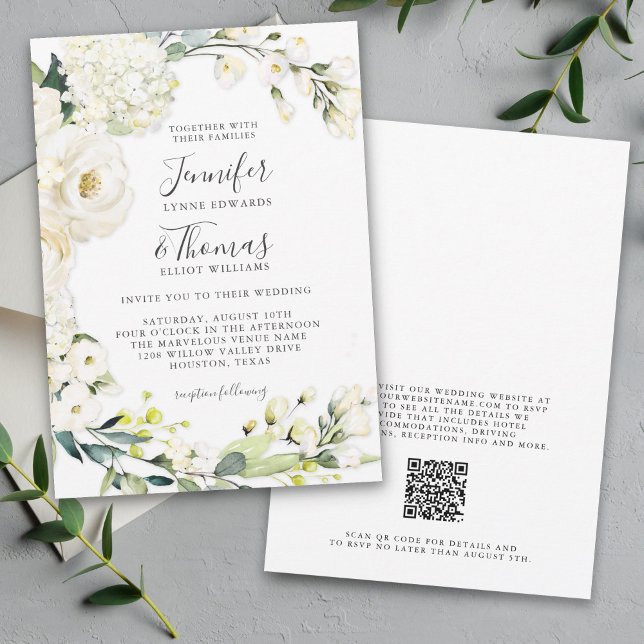 Convite Casamento Floral Branco Elegante com código QR (Available in printed or paperless digital download!)