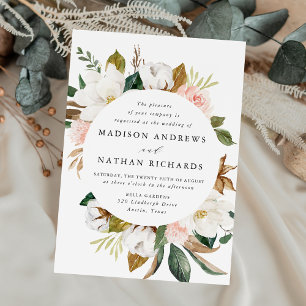 Convite Casamento Floral Branco Elegante com Magnólias e F