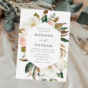 Convite Casamento Floral Branco Elegante com Magnólias e F