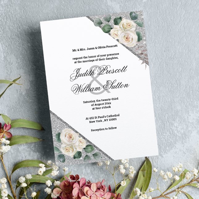Convite Casamento floral branco Elegante de relva verde-pr (Elegant white green silver glitter floral wedding invitation )