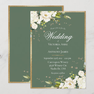 Convite Casamento Floral Branco Elegante Dourado Verde 