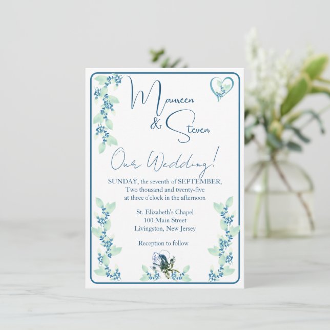Convite Casamento Floral Branco Elegante, Verde Mint E Azu (Em pé/Frente)