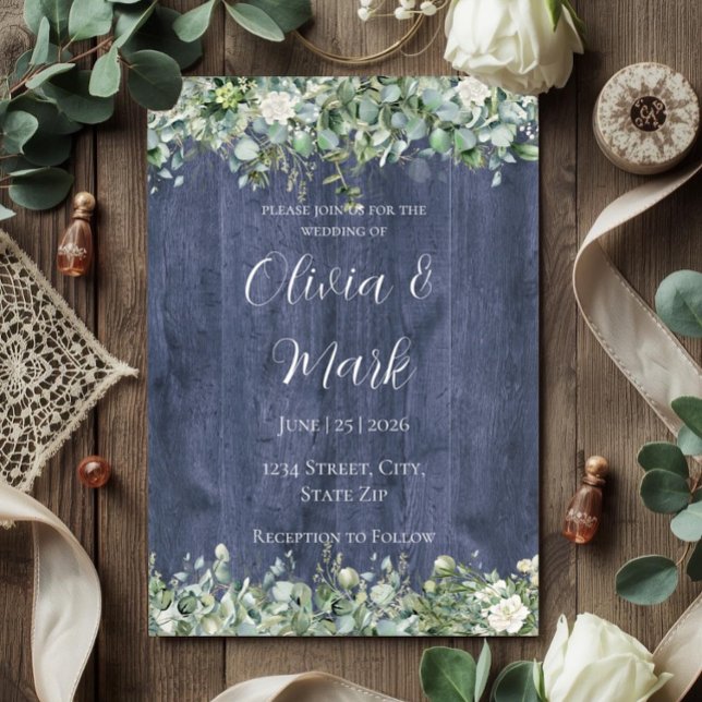Convite Casamento Floral Branco Eucalipto Madeira Azul-Mar (Criador carregado)