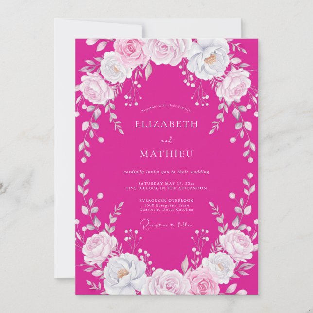 Convite Casamento Floral Branco Fúcsia (Frente)