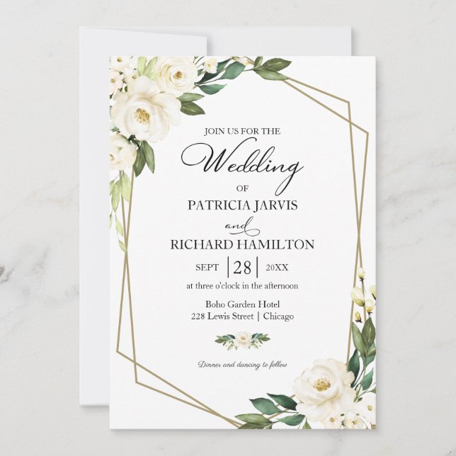Convite Casamento Floral Branco Geométrico com Verdura (Frente)