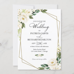 Convite Casamento Floral Branco Geométrico com Verdura